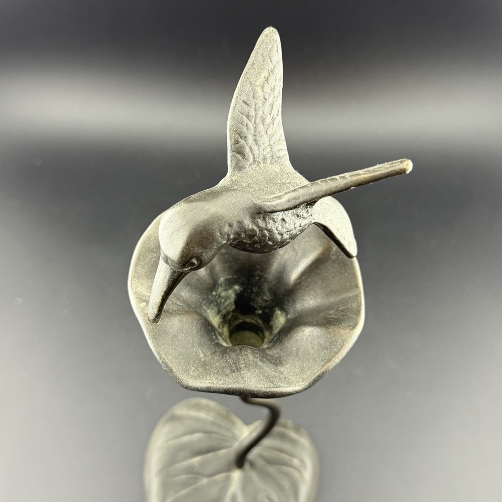 Vintage Bronze Hummingbird Sculpture Trumpet Vine Leaf Base Green Patina 80s - Picture 4 of 7